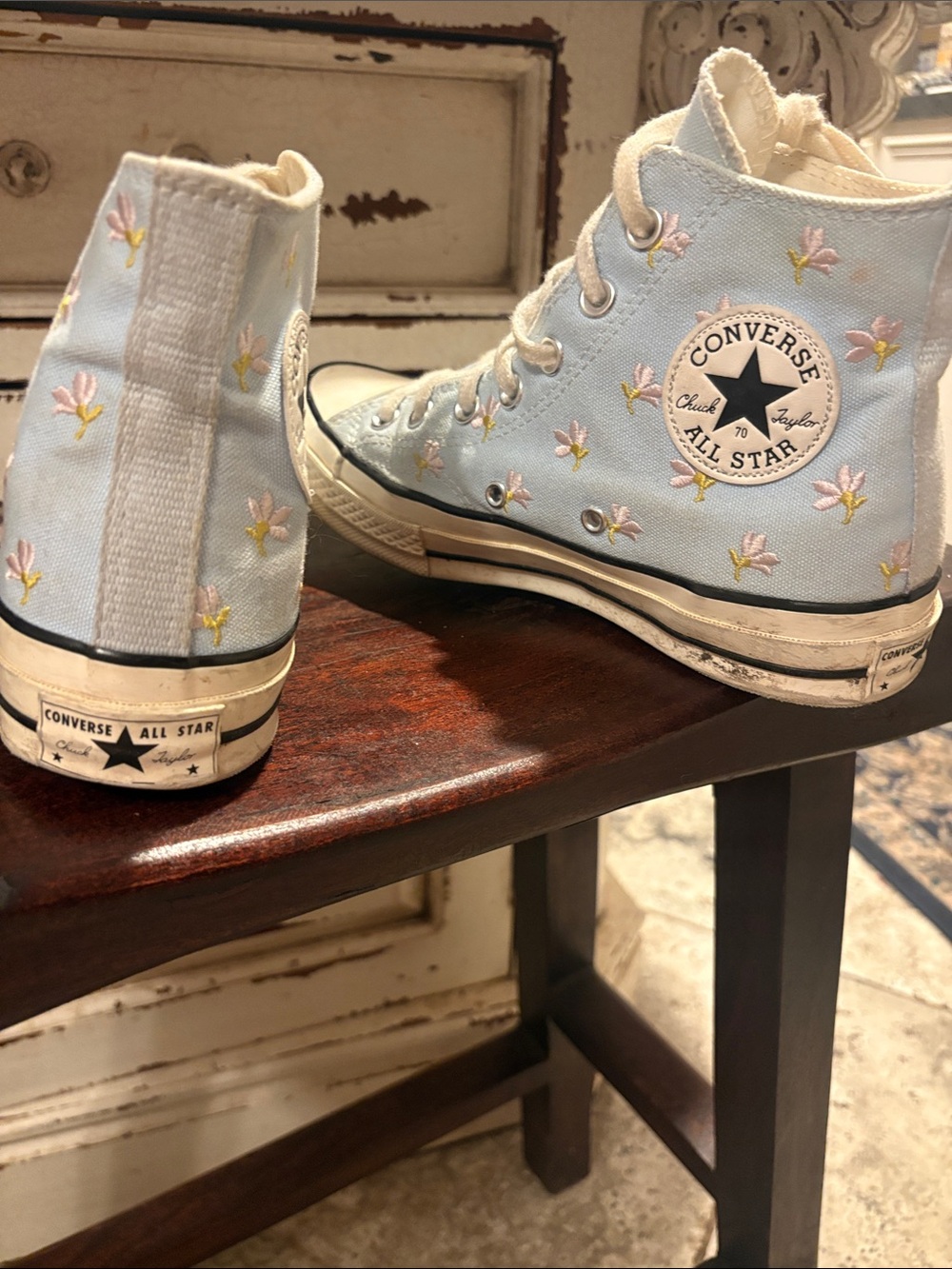Converse Light Blue High Top Sneakers with Pink Floral Embroidery - Picture 3 of 9